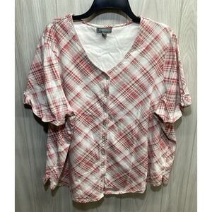 ESSENTIALS Women's (Size 2X) Short Sleeve V-Neck Button Down Shirt‎ 100% Cotton